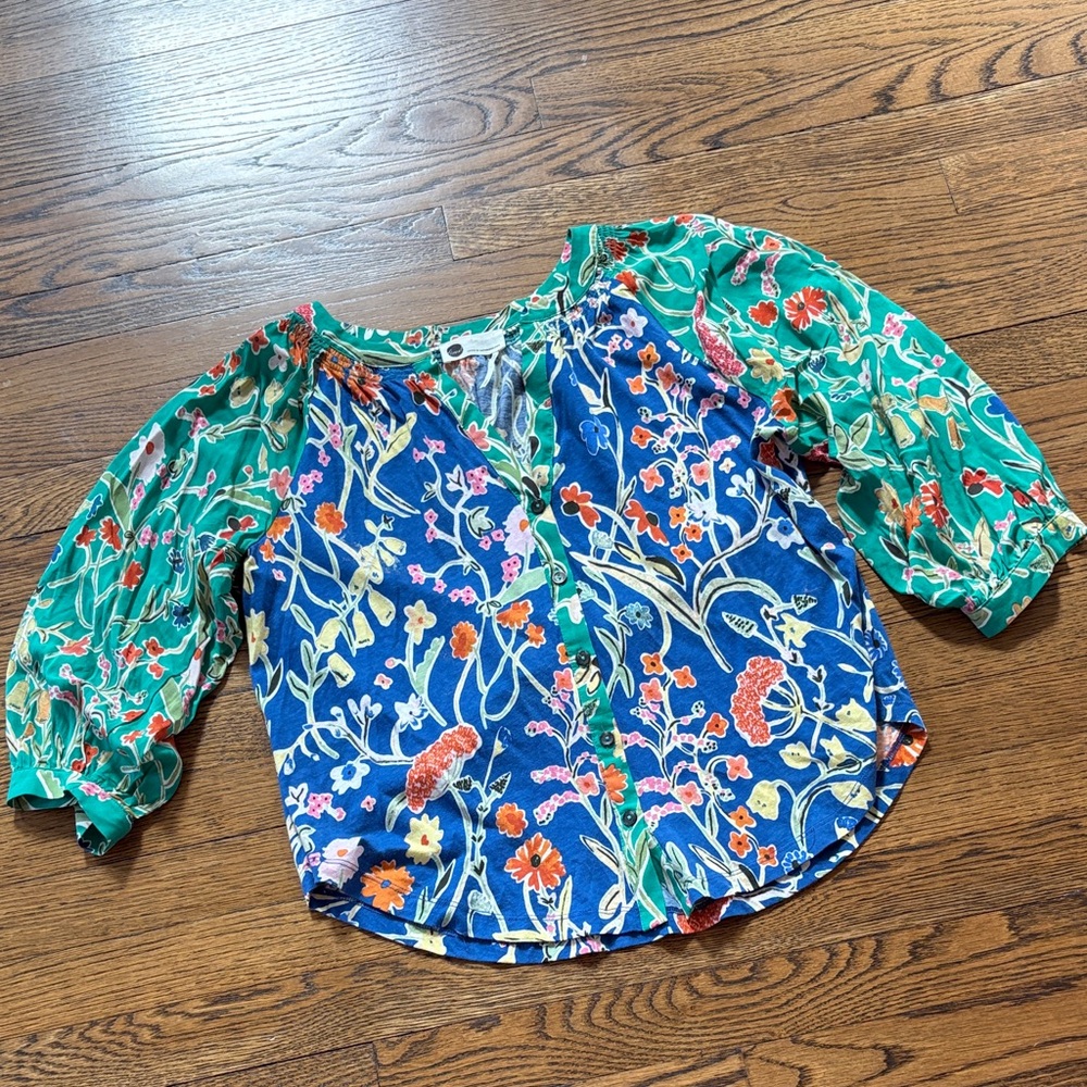 Anthropologie Floreat Floral Print Blouse with Green and Blue, XS